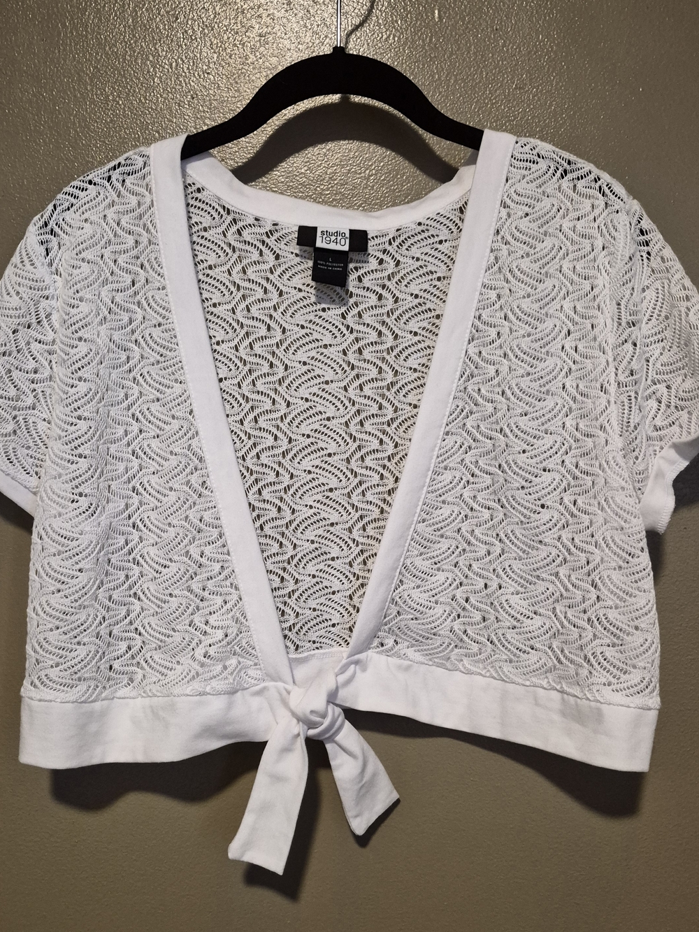 Studio 1940 Women's Short Sleeve Crochet Lace Cardigan W/Tie, Grandma Chic, L